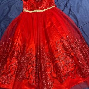 Red satin and lace dress